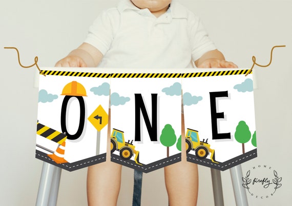 Construction High Chair Banner 1st First Birthday Boys High Chair ONE Birthday Party Decorations - Printable Digital Art INSTANT DOWNLOAD