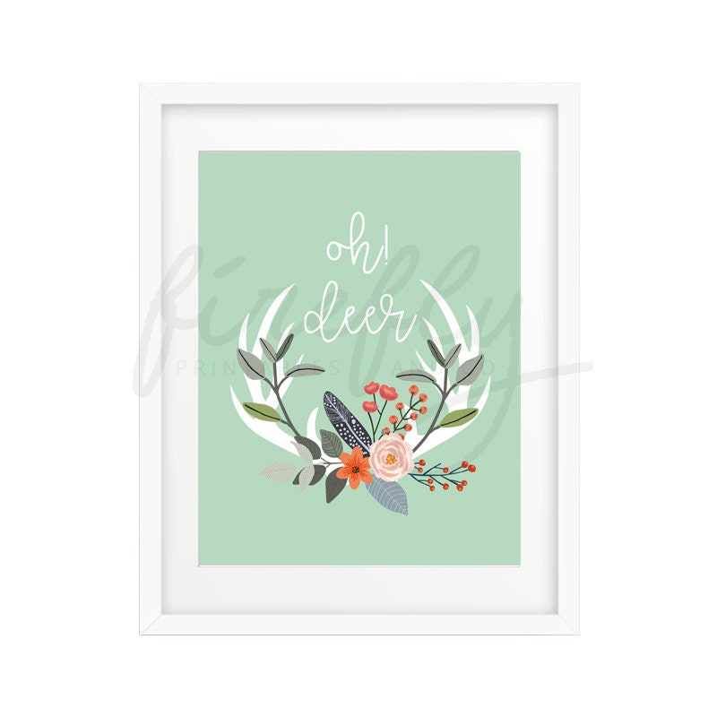 Oh Deer Antler Flowers White & Mint Nursery Wall Art Decor - Etsy