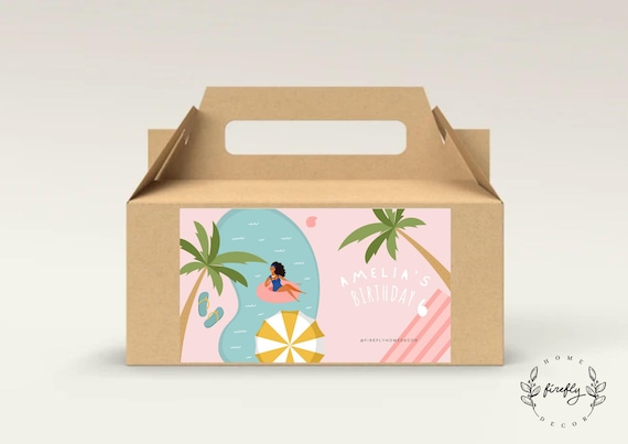 Pool Party Birthday Party Gable Box Favor Label Girl Gift Box Label Tags Party Decorations - Printable Digital Art CUSTOM DOWNLOAD