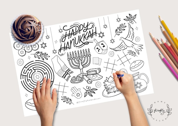 Happy Hanukkah Coloring Placemat | Party Activity | Kids Coloring Page | Table Mat | Family Games - Printable Digital INSTANT DOWNLOAD