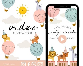 Party Animals Animated Video Birthday Invitation Girl Animated Video Birthday Party Invitation - Video Invite Digital Art CUSTOM DOWNLOAD