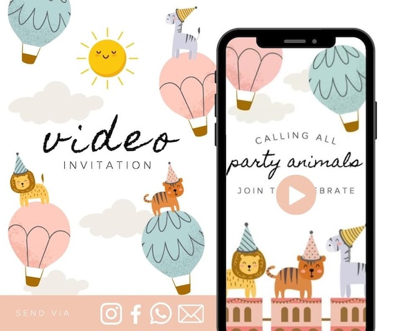 Party Animals Animated Video Birthday Invitation Girl Animated Video Birthday Party Invitation - Video Invite Digital Art CUSTOM DOWNLOAD