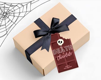 May include: A beige gift box with a black ribbon and bow. A dark red tag with a skull and the words "DEATH by Chocolate" is attached. The tag has a bite taken out of it and says "HAPPY HALLOWEEN". A black and white spiderweb is in the background.