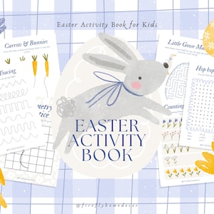 Puede incluir: Un libro de actividades de Pascua para niños con un fondo a cuadros azul claro y blanco. La portada presenta un conejito gris con un lazo azul. En el interior hay páginas de actividades con zanahorias, conejitos, laberintos y búsquedas de palabras.