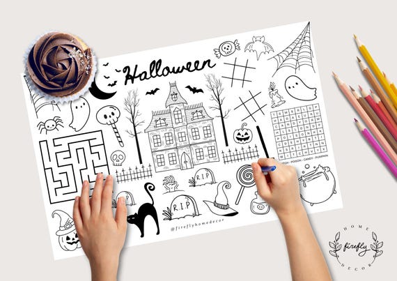 Halloween Coloring Placemat | Party Activity | Kids Coloring Page | Table Mat | Birthday Games - Printable Digital INSTANT DOWNLOAD