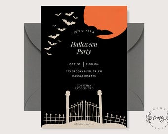 May include: A black Halloween party invitation card featuring a large orange moon, a flock of white bats, and a white wrought iron gate illustration. The text reads: Join us for a Halloween Party, Oct 31, 9:00 PM, 123 Spooky Blvd, Salem Massachusetts, Costumes Encouraged.