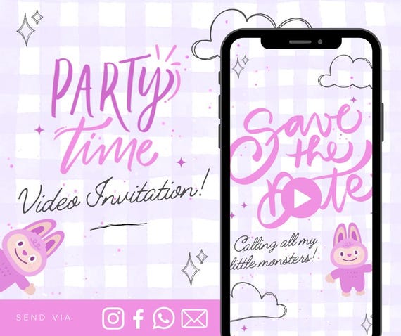 Little Monsters Party Animated Video Birthday Invitation Girl Video Birthday Party Invitation - Video Invite Digital Art CUSTOM DOWNLOAD