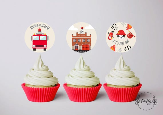 Firetruck Cupcake Topper Boys Birthday Cupcake Topper Tags Party Decorations - Printable Digital Art INSTANT DOWNLOAD