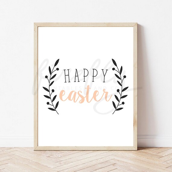 Happy Easter Leaves Peach - Nursery Wall Art Decor Kids Bedroom Printable Digital Art INSTANT DOWNLOAD