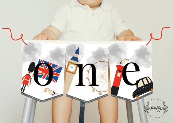 London High Chair Banner 1st First Birthday Boys High Chair ONE Birthday Banner Party Decorations - Printable Digital Art INSTANT DOWNLOAD