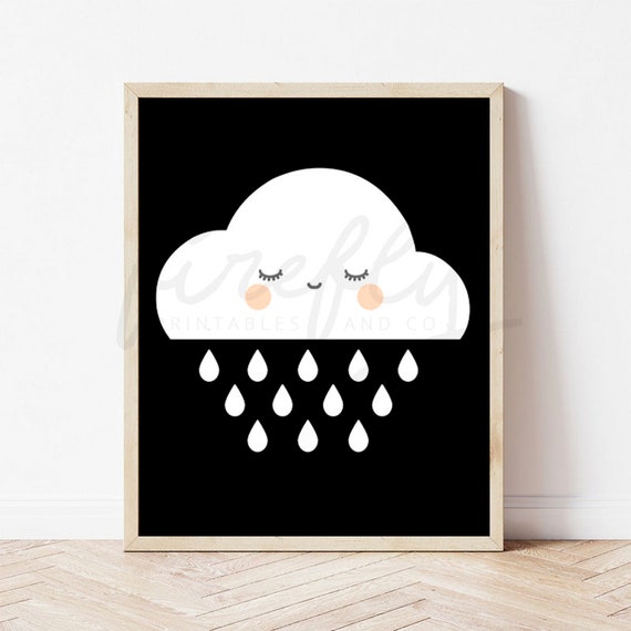 Cloud & Rain White and Black Background - Nursery Wall Art Decor Kids Bedroom Printable Digital Art INSTANT DOWNLOAD