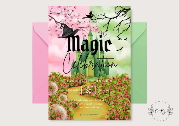 Wizard Green and Pink Witch Birthday Invitation Girl Witch Party Birthday Invitation - Printable Digital Art CUSTOM DOWNLOAD
