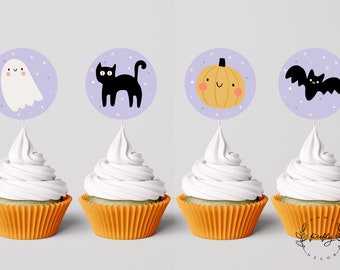 May include: Four Halloween-themed cupcake toppers with purple backgrounds and white stars. The toppers feature a ghost, a black cat, a pumpkin, and a bat.
