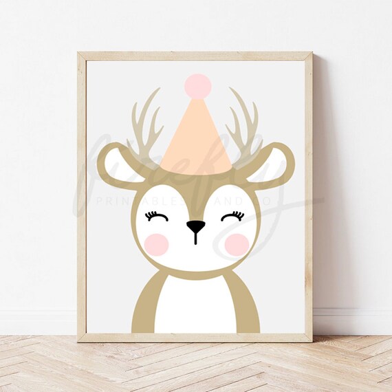 Deer Brown & Pink Party Hat - Nursery Wall Art Decor Kids Bedroom Printable Digital Art INSTANT DOWNLOAD