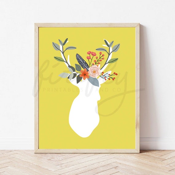 Deer Head & Flowers Mustard - Nursery Wall Art Decor Kids Bedroom Printable Digital Art INSTANT DOWNLOAD