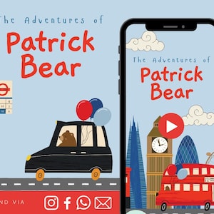 Puede incluir: Ilustración digital con el texto "The Adventures of Patrick Bear" en rojo. La imagen incluye un coche negro con un oso, globos, un autobús londinense y monumentos emblemáticos. Iconos de redes sociales en la parte inferior.
