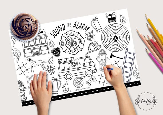 Firetruck Coloring Placemat | Party Activity | Kids Coloring Page | Table Mat | Birthday Games - Printable Digital INSTANT DOWNLOAD