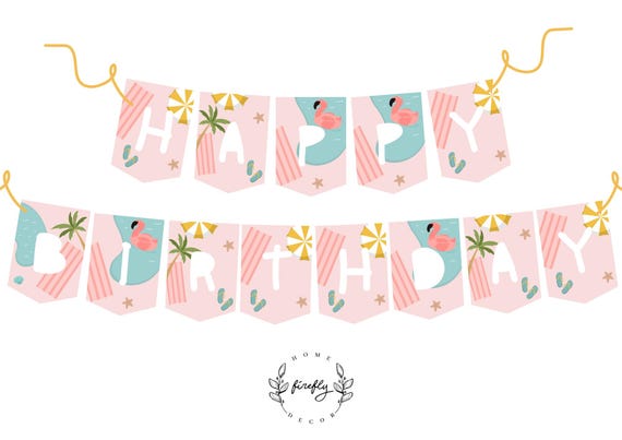Pool Party Happy Birthday Banner Girl Pool Party Birthday Banner Party Decorations - Printable Digital Art INSTANT DOWNLOAD