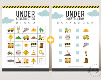 May include: Two printable game cards for a construction-themed party. The left card is a bingo card with images of construction equipment, tools, and materials. The right card is a scavenger hunt list with images of construction items. Both cards have the text "Under Construction" and the name of the game.
