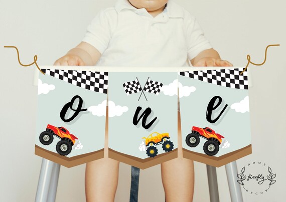 Monster Truck Highchair Banner 1st First Birthday Boys Highchair ONE Birthday Party Decorations - Printable Digital Art INSTANT DOWNLOAD