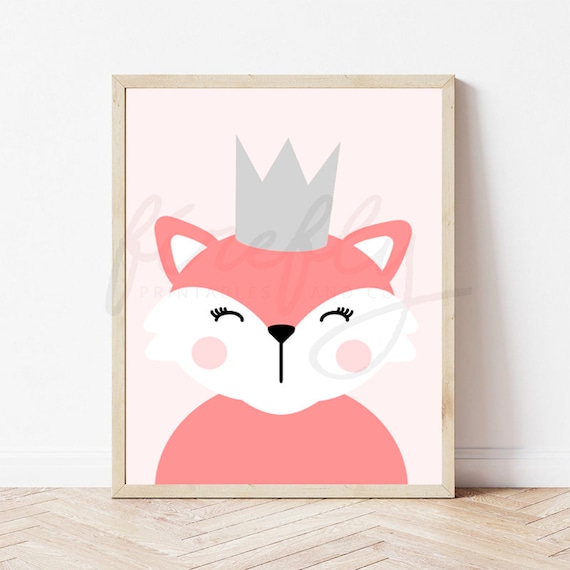 Fox Pink & Crown Light Grey - Nursery Wall Art Decor Kids Bedroom Printable Digital Art INSTANT DOWNLOAD