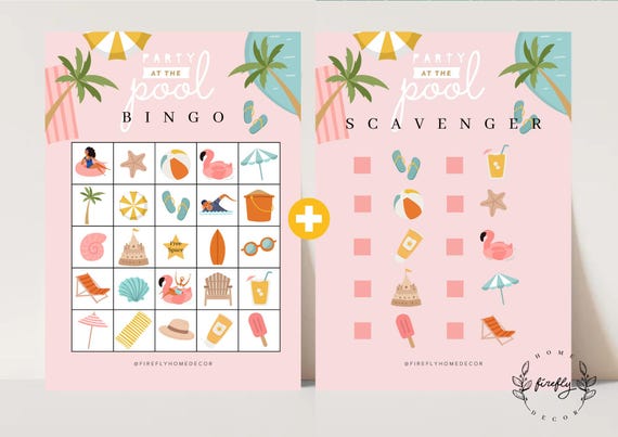Pool Party Bingo / Scavenger Hunt Checklist Game Girl Party Birthday Activity - Printable Digital Art INSTANT DOWNLOAD