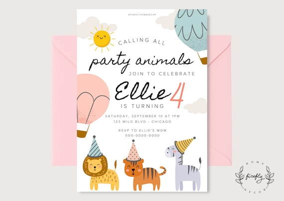 Party Animals Birthday Invitation Girl Party Birthday Invitation - Printable Digital Art CUSTOM DOWNLOAD