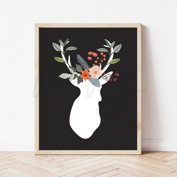 Deer Head & Flowers Black - Nursery Wall Art Decor Kids Bedroom Printable Digital Art INSTANT DOWNLOAD