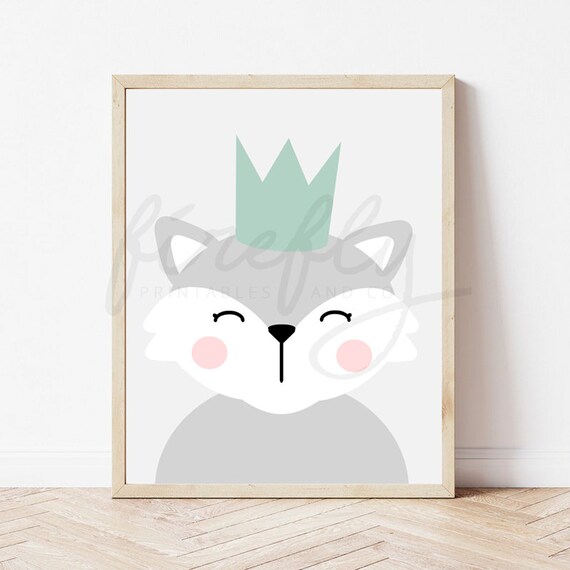 Fox Light Grey & Crown Acqua  - Nursery Wall Art Decor Kids Bedroom Printable Digital Art INSTANT DOWNLOAD