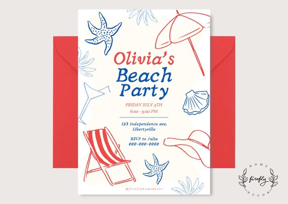 Red, White and Blue Beach Party Birthday Invitation Girl - Boys Patriotic Red Blue White - Printable Digital Art CUSTOM DOWNLOAD