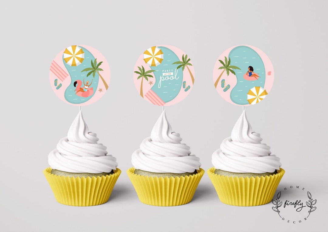 Pool Party Cupcake Topper Girl Birthday Cupcake Topper Tags Party