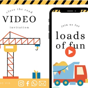 Puede incluir: Una invitación a vídeo con temática de construcción con una grúa amarilla y roja, un camión azul con un botón de reproducción y el texto "únase a nosotros para mucha diversión".