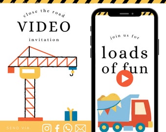 Construction Animated Video Birthday Invitation Boys Animated Video Birthday Party Invitation - Video Invite Digital Art CUSTOM DOWNLOAD