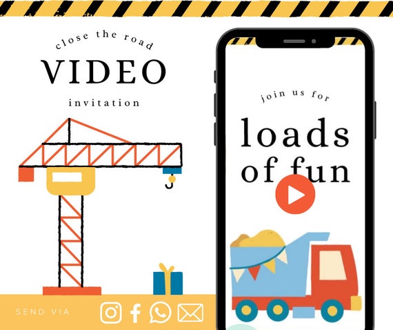 Construction Animated Video Birthday Invitation Boys Animated Video Birthday Party Invitation - Video Invite Digital Art CUSTOM DOWNLOAD