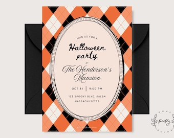 May include: A rectangular Halloween party invitation card featuring an orange, black, and white argyle pattern. A central cream-colored oval frame contains the text: Join us for a Halloween party at The Henderson's Mansion, Oct 31, 9:00 PM, 123 Spooky Blvd, Salem, Massachusetts.