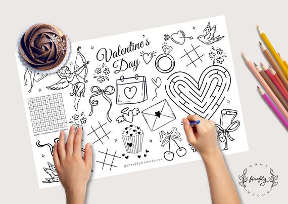 Valentine's Day Placemat | Party Activity | Kids Coloring Page | Table Mat | Birthday Valentine Games - Printable Digital INSTANT DOWNLOAD