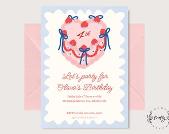 Invito per festa di compleanno con torta rosa, rossa e blu per bambina e bambino, tema patriottico USA, rosso, blu e bianco - Arte digitale stampabile, DOWNLOAD PERSONALIZZATO