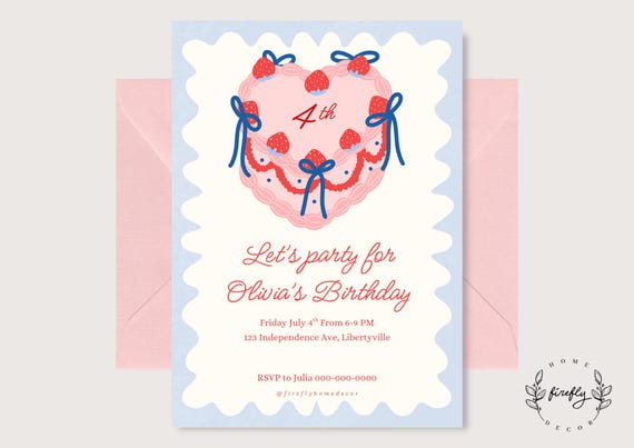 Pink, Red and Blue Cake Party Birthday Invitation Girl - Boys USA Patriotic Red Blue White - Printable Digital Art CUSTOM DOWNLOAD