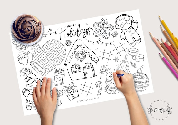 Happy Holidays Coloring Placemat | Party Activity | Kids Coloring Page | Table Mat | Family Games - Printable Digital INSTANT DOWNLOAD