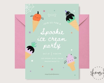 May include: A green and white invitation card with a spooky ice cream party theme. The card features a variety of ice cream cones with Halloween-themed toppings, including a pumpkin, a spider, a ghost, and a bat. The text on the card reads "Join us for a Spookie ice cream party" and includes the date, time, and location of the party. The card is designed by "fireflyhomedecor".