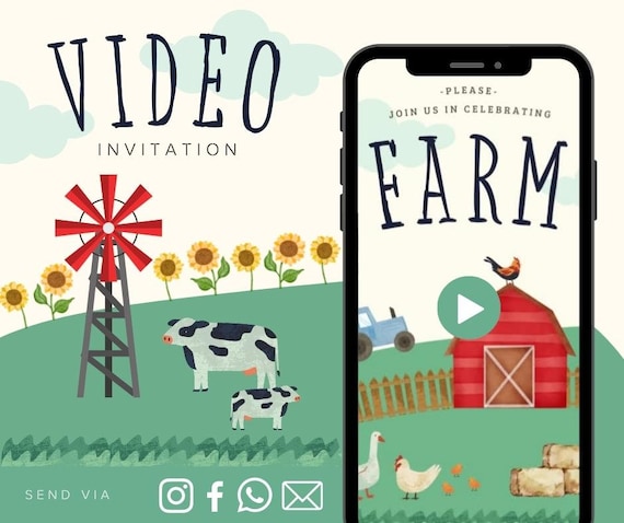 Farm Animated Video Birthday Invitation Boys Animated Video Birthday Party Invitation - Video Invite Digital Art CUSTOM DOWNLOAD