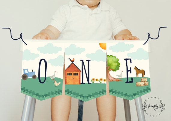 Farm High Chair Banner 1st First Birthday Boys High Chair ONE Birthday Banner Party Decorations - Printable Digital Art INSTANT DOWNLOAD