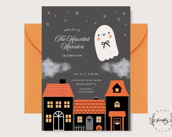 May include: A Halloween invitation card featuring a white ghost with a black bow tie, orange houses with black walls, and text reading JOIN US TO The Haunted Mansion CELEBRATION OCT 31 9:00 PM 123 SPOOKY BLVD, SALEM MASSACHUSETTS Costumes Encouraged, set against an orange envelope.