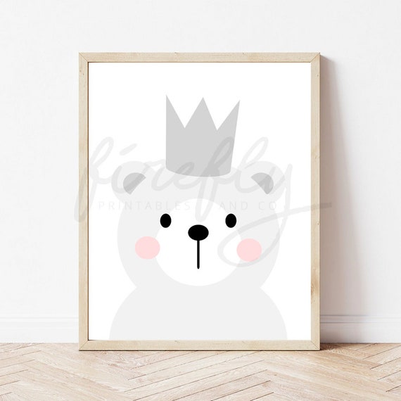 Polar Bear & Crown Light Grey - Nursery Wall Art Decor Kids Bedroom Printable Digital Art INSTANT DOWNLOAD