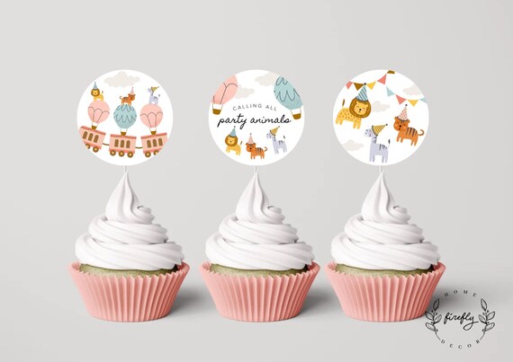 Party Animals Cupcake Topper Girl Birthday Cupcake Topper Tags Party Decorations - Printable Digital Art INSTANT DOWNLOAD