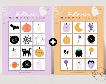 May include: Two Halloween-themed memory game cards. One card is lavender, the other is orange. Each card features a grid of illustrated Halloween icons, including pumpkins, ghosts, bats, and spiderwebs. The words "Halloween Memory Game" are at the top.
