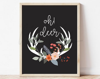Oh! Deer Antler Flowers White and Black - Nursery Wall Art Decor Kids Bedroom Printable Digital Art INSTANT DOWNLOAD