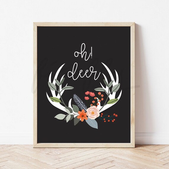 Oh! Deer Antler Flowers White and Black - Nursery Wall Art Decor Kids Bedroom Printable Digital Art INSTANT DOWNLOAD