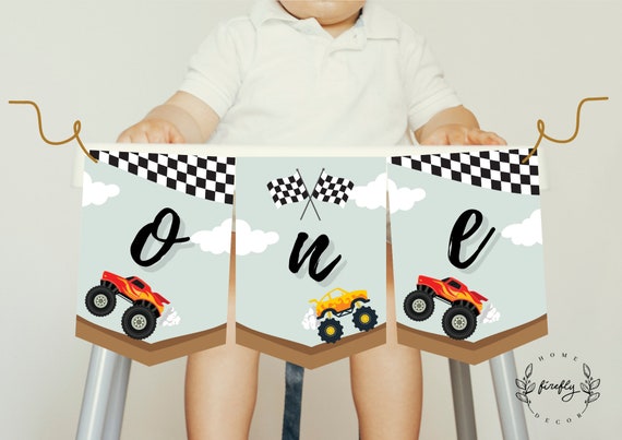 Monster Truck High Chair Banner 1st First Birthday Boys High Chair ONE Birthday Party Decorations - Printable Digital Art INSTANT DOWNLOAD