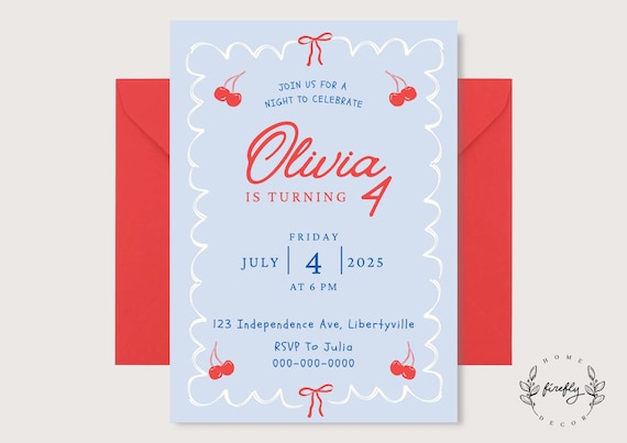 Light Blue Red Cherry Party Birthday Invitation Girl - Boys USA Patriotic Red Blue White - Printable Digital Art CUSTOM DOWNLOAD